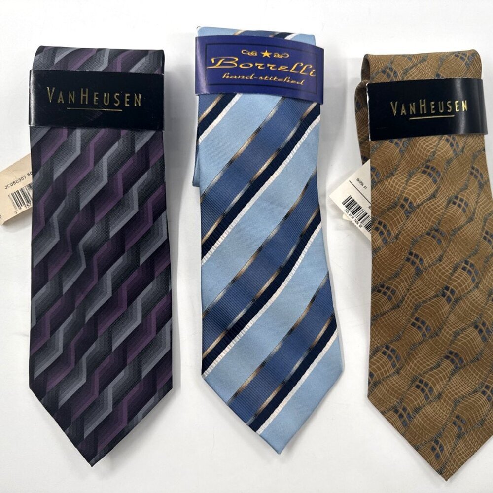 Van Heusen Mens Silk Tie Lot of 3 Tan Blue Purple Designer Borrelli Y2K NEW
